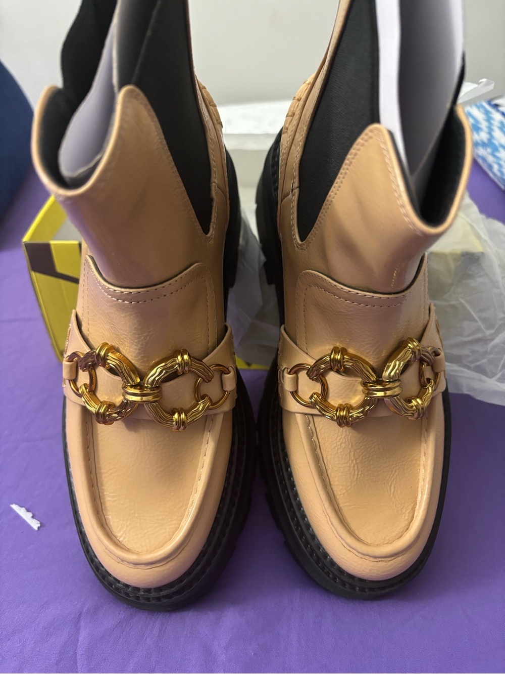 Women’s Tan Leather Chain Loafer Boots Circus booties